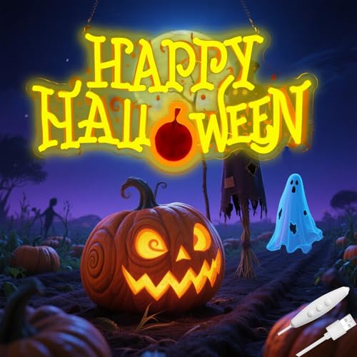 Image of Happy Halloween Neon Sign | Party Welcome Sign, Front Door /Bedroom /Home /Yard, USB Powered, 16.5x8.6 Inches