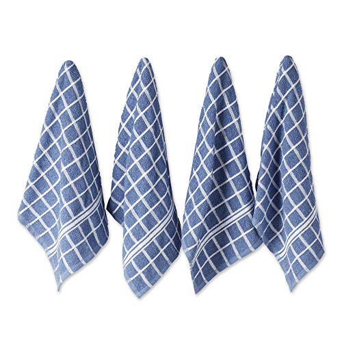 DII Basic Terry Collection Windowpane Dishtowel Set, 16x26, Stonewash Blue Check, 4 Piece