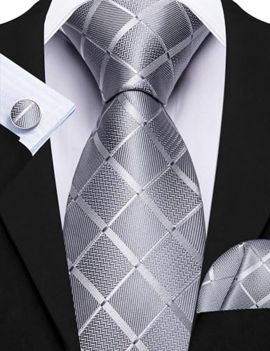 Image of Barry.Wang Plaid Ties for Men Silk Necktie Handkerchief Cuff Links Set
