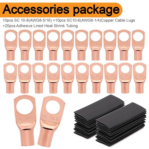 Ruikarhop 8 Gauge Wire (50ft Each- Black/Red) Copper Clad Aluminum CCA,20 pcs Lugs Terminal Connectors with 2:1 Heat Shrink Tube for Power/Auto,Amplifier,Ground Cable