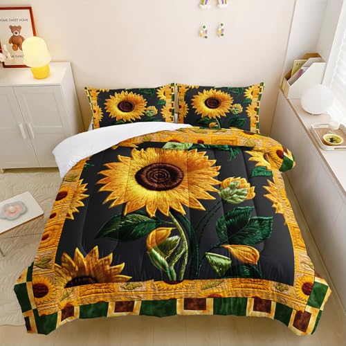 Image of AILONEN Sunflower Bedding Set Full Size- Yellow Green Flower Boho Exotic Comforter Set,3-Piece Kids Girls Women Soft Floral Quilt with 2 Pillowcases