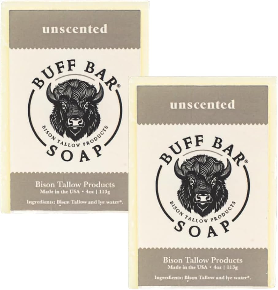 - BUFF BAR Bison Tallow Soap Bar – Unscented Gentle Cleanser for Sensitive Skin, Face & Body Wash, Non-Stripping Natural Soap, No Dyes, Chemicals, Fragrances, or Preservatives (2 Pack)