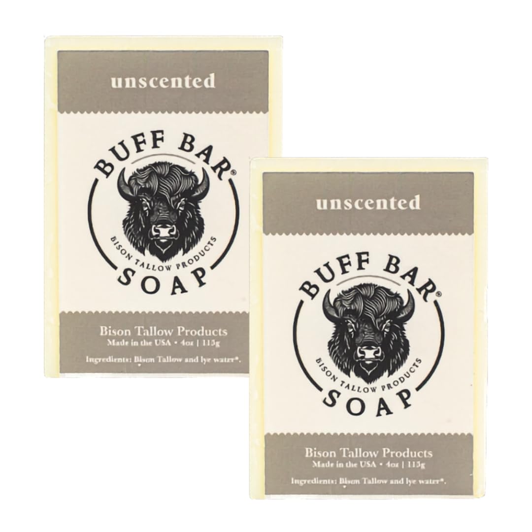 BUFF BAR Bison Tallow Soap Bar – Unscented Gentle Cleanser for Sensitive Skin, Face & Body Wash, Non-Stripping Natural Soap, No Dyes, Chemicals, Fragrances, or Preservatives (2 Pack)