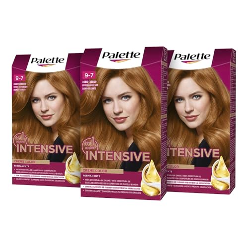 Palette Intensive Creme Color 9-7 Rubio Cobrizo, tinte de pelo permanente con aceite de macadamia y almendras, cubre el 100% de las canas y raíces, para un color radiante, Pack 3