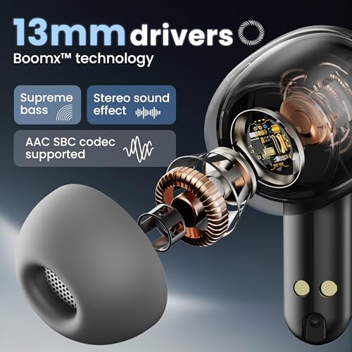 Image of GOBOULT Made in India K10 Ear Buds Wireless with 50H Playtime, 4 Mics Clear Calling, 45ms Low Latency Gaming, IPX5, 10mm Bass Drivers Earbuds Bluetooth Wireless Earphones(Pure Black)