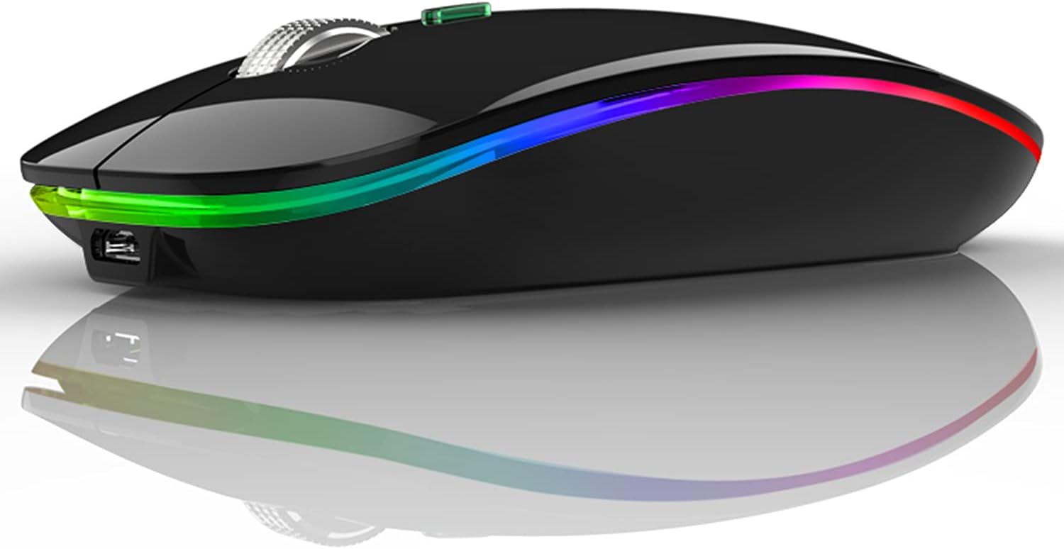 LED Wireless Mouse, G12 Slim Rechargeable Wireless Silent Mouse, 2.4G Portable USB Optical Wireless Computer Mice with USB receiver and Type C Adapter (Black)