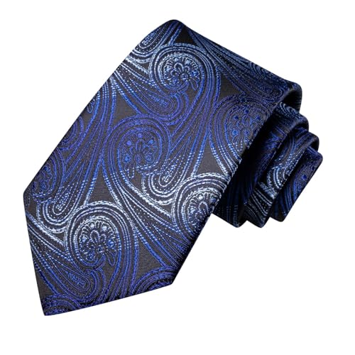 Image of Dubulle Mens Black Blue Paisley Floral Tie for Men Striped Necktie and Pocket Square Cufflinks Set Wedding Business
