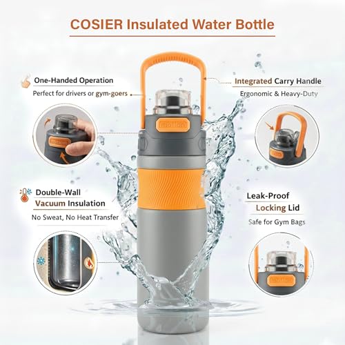 Image of 600ml Insulated Water Bottle with Straw - Premium SUS 316 Stainless Steel Sport Flask - Insulated Hot & Cold, Leak-Proof One-Click Flip Top - Gym & Travel Bottle (Stone Amber)