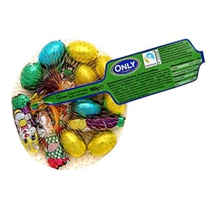 Alleen chocolade – paashaas en paaseieren in een net – chocolade Pasen – chocoladefiguren paasfeest – cadeau voor Pasen – 100 g