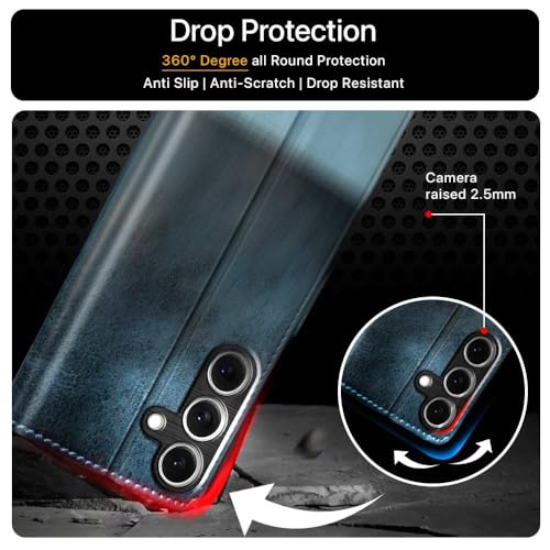 Image of FLIPPED Vegan Leather Flip Case Back Cover for Samsung Galaxy S25 5G (Flexible, Shock Proof | Hand Stitched Leather Finish | Card Pockets Wallet & Stand | Blue with Aquamarine)