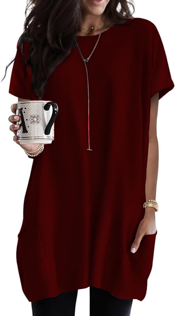 Poetsky Summer Womens Tunic Tops for Leggings with Pockets Short Sleeve Casual Long T Shirts S-3XL