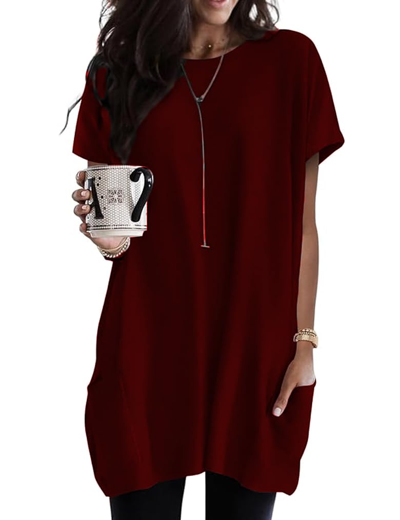 Poetsky Summer Womens Tunic Tops for Leggings with Pockets Short Sleeve Casual Long T Shirts S-3XL