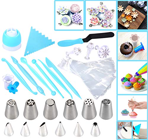 Joiedomi 51 Pieces Cake Icing and Decorating Kit Including 12 Stainless Steel Icing Tips, 25 Disposable Decorating Bags, Tri Color Coupler, Icing Spatulas, Icing Smoother, Cupcake Corer and More