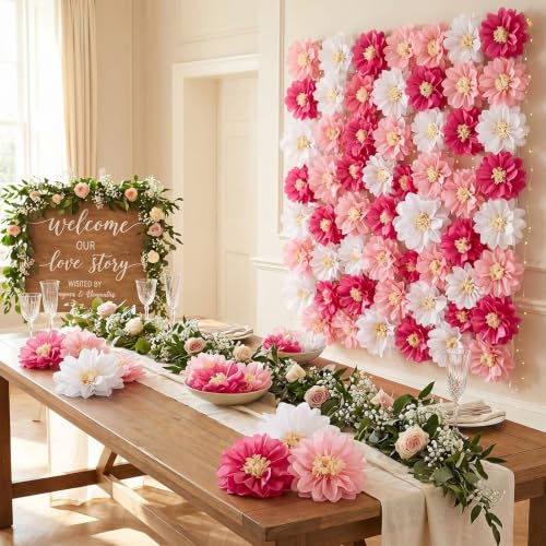 Image of Cholemy 24 Pcs Tissue Paper Flowers, Crepe Paper Flowers Decorations 8 inch 10 inch 12 inch for Wedding Party Baby Bridal Shower Carnival Party Birthday Nursery Wall Decor (Pink,White)