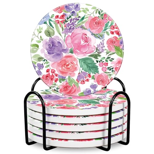 JarThenaAMCS 6 Pcs Spring Watercolor Flower Coaster with Holder Colorful Cute Floral Anti Slip Cup Mat Bloom Absorbent Ceramic Drink Coasters for Home Table Protection Tea Cup