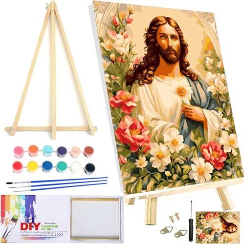 Kit de pintura emoldurada por números com cavalete de madeira para adultos iniciantes Jesus Tinta ac