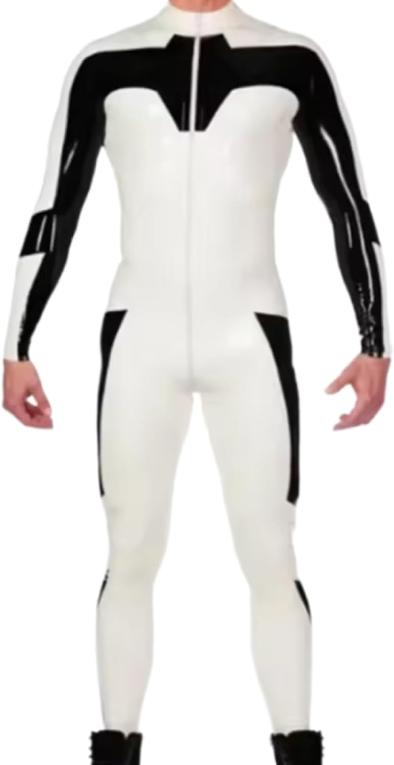 Customized Latex Catsuit Handmade Black With White Front Zip Rubber Jumpsuit Bodysuit For Men Cosplay