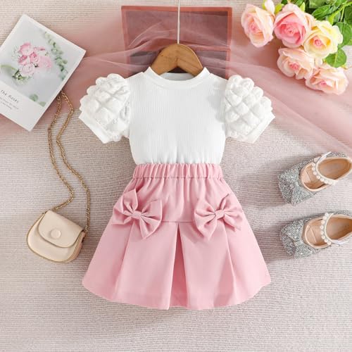 Image of 2-7Y Toddler Girl Skirt Set Kid 2Pcs Outfits Puff Short Sleeve Top Pleated Skirt with Bowknot Spring Summer Clothes
