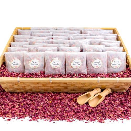 Biodegradable Wedding Confetti Dried Rose Flower Petal with Bags 100 Guests Glassine Bags Filled with Natural Petal Crush Eco Friendly Wedding Toss Confetti Kit with Stickers in Bamboo Basket