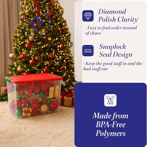 HOMZ 4-Pack Holiday Tote, Clear Plastic Storage Bins w/Lids & Dividers, 112 Quart, Red - Stackable Organizing Containers for Christmas Ornament Decorations, Gift Wraps, and Crafts - Image 3