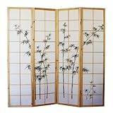 Paravent en bois et papier du riz en blanc avec dessin bambou vert de 4 pans, pliant et planter légère, charnière bidirectionnelle