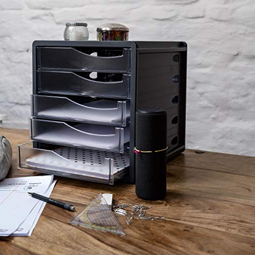 Rotho, Spacemaker, Drawer box / office box with 5 drawers, Plastic (PS) BPA-free, transparent/black, 33,5 x 28,5 x 32,0 cm