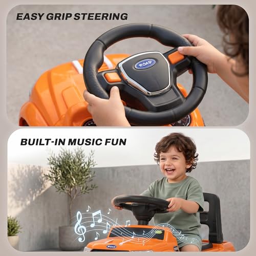 Image of Baybee Speedy Baby Ride on Car for Kids | Portable Kids Car with LED Lights, Music & Storage Basket | Push Toy Cars with High Backrest | Toddler Rideons Jeep for 1 to 3 Years Boys Girls (Orange)