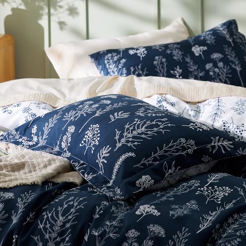 Image of Bedsure Duvet Cover King Size - Reversible Navy Blue King Duvet Cover Set with Zipper Closure, 3 Pieces Floral Patterned Bedding Set with 8 Corner Ties and 2 Pillow Shams