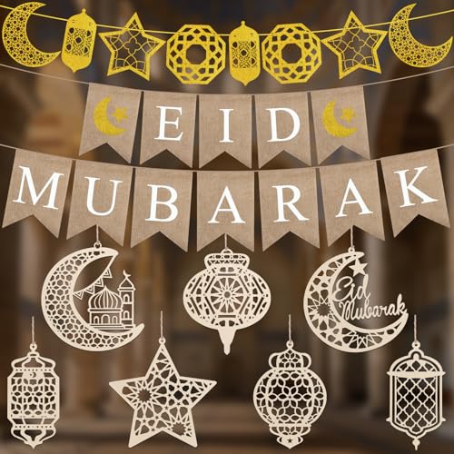 Eid Mubarak Decorations for Home, Eid Mubarak Decoration Banners with Moon Star Wind Light Wooden Hanging Ramadan Decorations, Ramadan Kareem Decor for Muslim Eids Decor Islam Festival Party Supplies