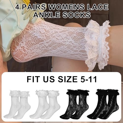 4 Pairs Womens Lace Ankle Socks Sexy Mesh Lace Trim Lolita Sock Women Frilly Lace Ankle Ruffle Socks for All Kinds of Parties Tea Parties Match With All Kinds of Shoes2