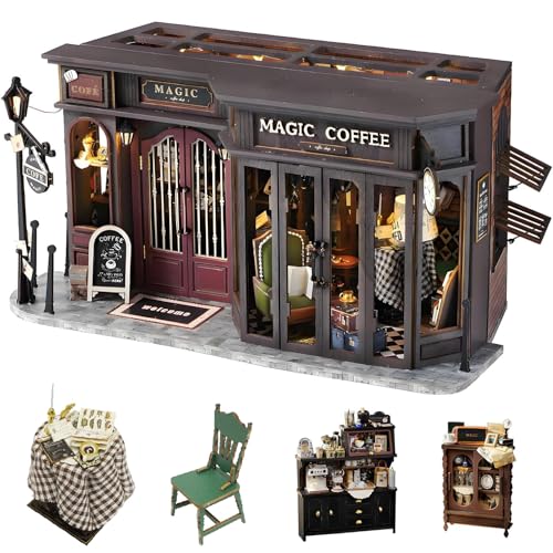 Kit de Casa en Miniatura DIY con Muebles, CUTEROOM Maqueta de Casa de Muñecas para Adultos, Escala 1:24, Modelo para Construir, Regalo de Cumpleaños para Mujeres y Niñas (Café Mágico)