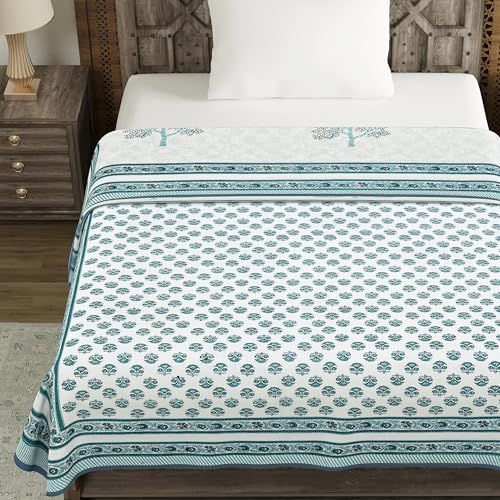 Image of BLOCKS OF INDIA Hand Block Printed Cotton Single Size Reversible Malmal Dohar for Summer (Blue Tree)-300 TC