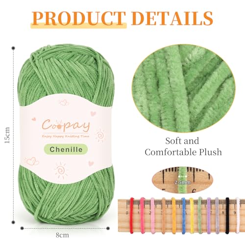 Image of Coopay Skinny Chenille Yarn for Crocheting and Knitting, 12 Pack of 50g /1.76oz - 1764yd Total, Crochet Yarn of Light Weights - Suitable for Baby Blankets, Plush Toys, Garments - Super Soft (Green)