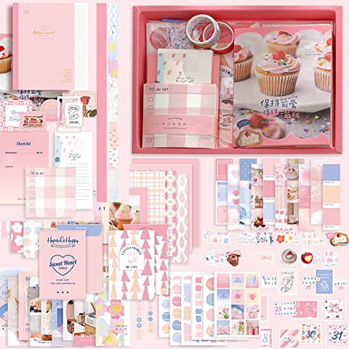 155 Pegatinas Retro Y Papel Decorativo, Juego De Accesorios De álbum De Recortes Vintage Con Cuaderno De Cuadrícula A6 álbum De Fotos, Cuaderno, Diario, Cartas (rosa) Cover