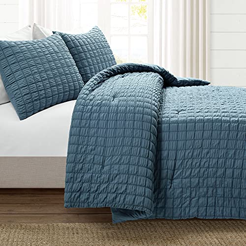 Lush Decor Crinkle Textured Dobby 3 Piece Comforter Set, Full/Queen, Blue