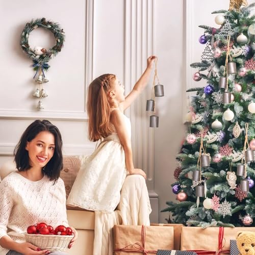 Monetais Christmas Bells Silver 12 Inch Vintage 3 Bells Rustic Cow with Jute Hanging Rope Metal Christmas Tree Hanging Bell for Door Garden Wreaths Home Decor