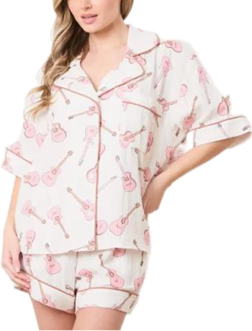 Women's Satin Silk Pajamas Printed Lounge Set Lapel Button Tops with Pajama Shorts 2 Piece Pj Set Soft Sleepwear