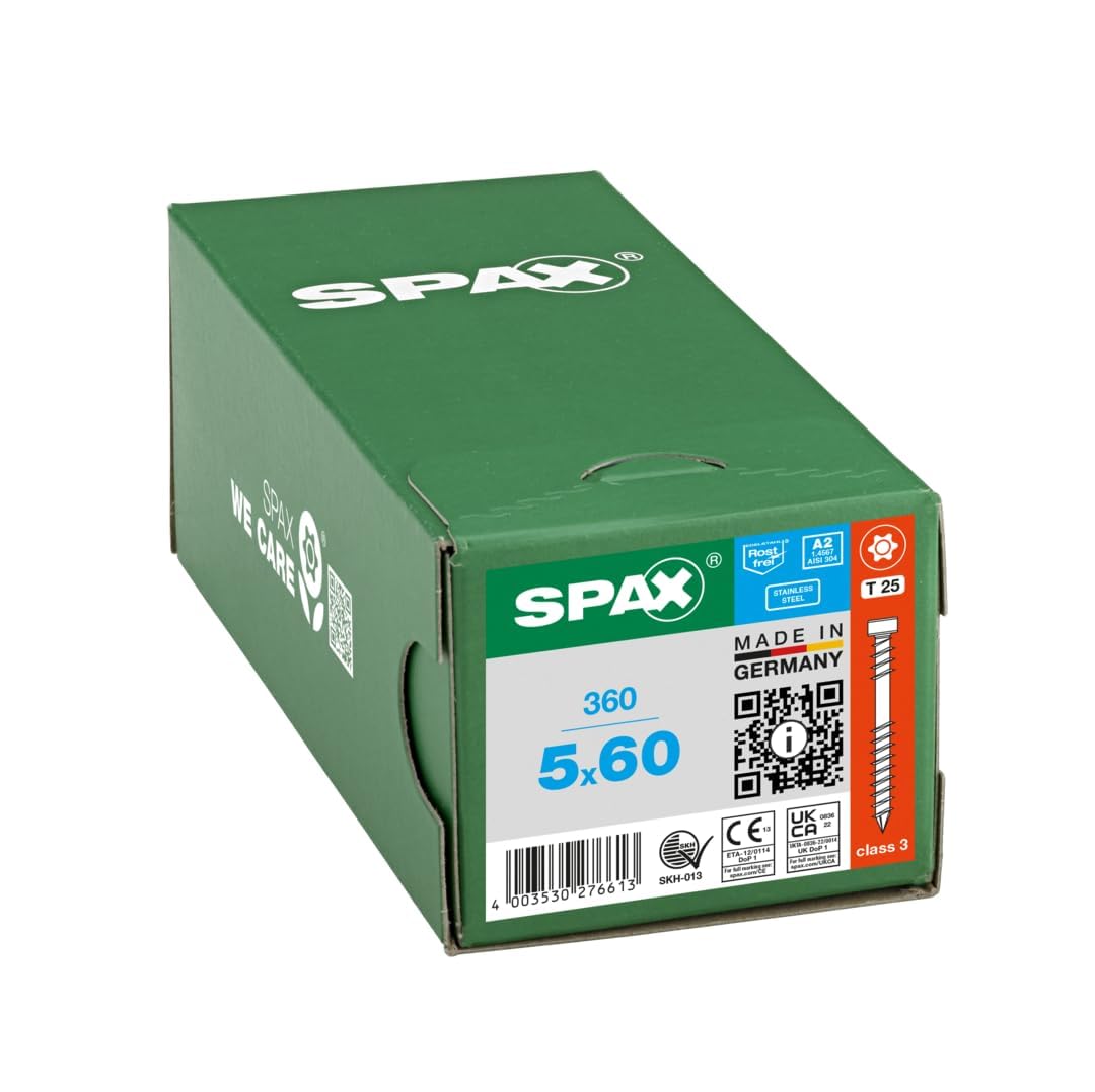 SPAX Terassenschraube 5 x 60 mm, 360 Stück - Schrauben, Fixiergewinde, Zylinderkopf, T-STAR plus T25, CUT-Spitze, rostfreier Edelstahl A2-8000000276613