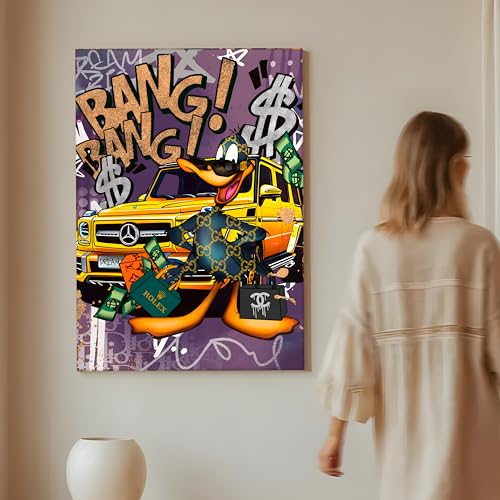 Image of Luxury Street Pop Art Duck Canvas Wall Art Painting For Living Room | Money & Success Graffiti Style Art Painting | Modern Wall Decor for Home & Office, 56x86 cm