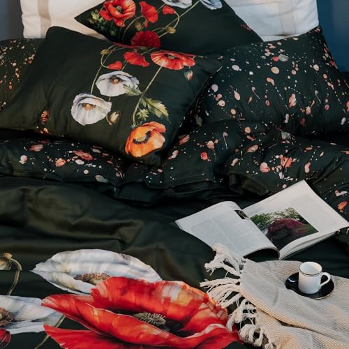 Image of Digitally Printed Premium Bedsheet Set | 300 TC 100% Cotton 1 King Bedsheet Set | Extra Smoothness with Sateen Weave| Poppy Bloom Bedsheet Set (1 Flat Sheet + 2 Pillow Cases)