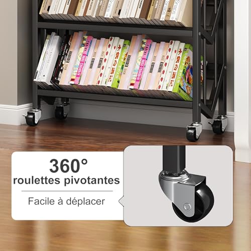 Taotigzu Mobiles Bücherregal, 3 Ebenen, mit Rad, mobiler Bücherregal, Trolley, Metallroller, Organizer für Dokumente für Kinder, Studenten