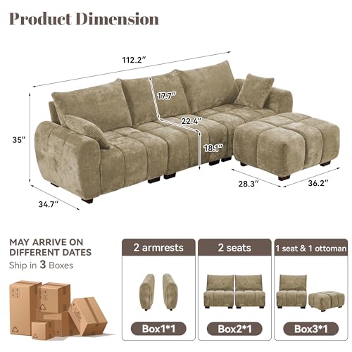 Image of 112 inch Mid Century Modern L Shaped Couch, 3 Seater Modular Sectional Sofa with Movable Ottoman, Deep Seat and Solid Wood Legs, Cloud Couch for Living Room, Chenille Tufted Sofa, Brown