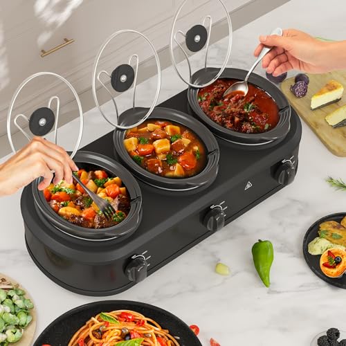 Heynemo ZES007 Triple Slow Cooker, 3×1.5 Qt Buffet Servers And Warmers, 3 Pots Buffet Slow Cooker Adjustable Temp Lid Rests Stainless Steel Black thumb #5