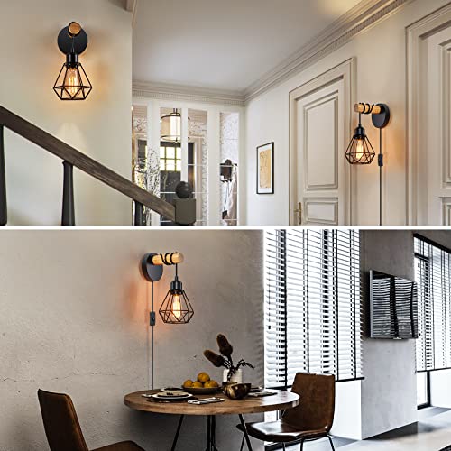 Industrial Plug In Wall Sconces Set Of Two, Wall Sconces Lighting With On/Off Switch, Rustic Indoor Vintage Bedside Cage Lighting For Stairway Bathroom Entryway Living Room Bedroom (Round Base) #TOP6