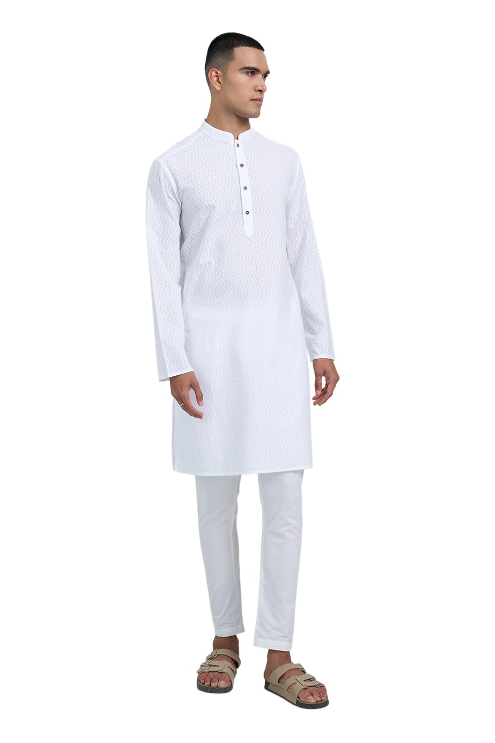 indus route by pantaloons Men's 100% Cotton Self-Design Kurta | Mandarin Collar | Long Sleeve | Machine Washable | Sizes S–2XL-picture-19