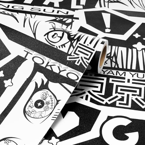 Livelynine Papel de parede anime descasque e cole papel de parede japonês preto e branco para quarto