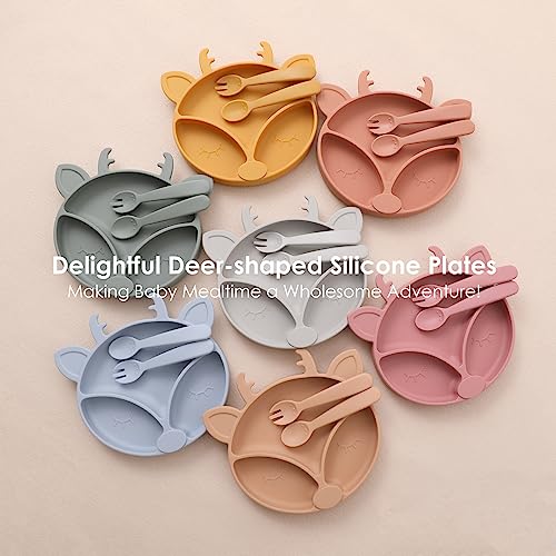 Rocced [Upgraded] Suction Plates For Toddlers, Silicone Plates With Suction For Baby Divided, Baby Spoon Fork Set For Toddler Baby Dishes Kids Plates And Utensils-Deer Dusty Blue #TOP5