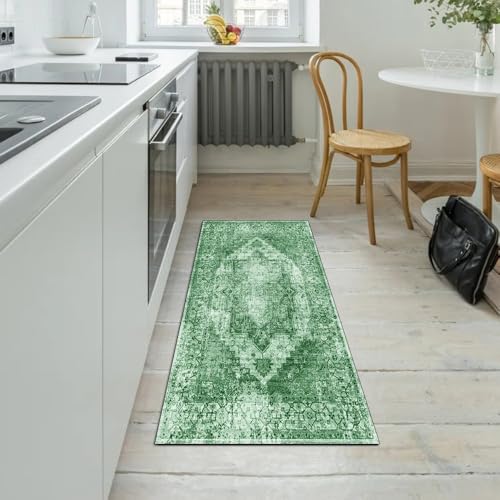 Alfombra verde vintage de cocina y pasillo, 80x220 cm con base antideslizante lavable 5