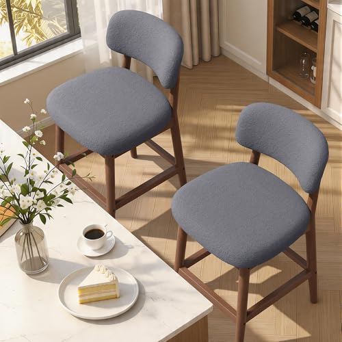 Image of Counter Height Bar Stools Set of 2, Mid-Century Modern Boucle Bar Chairs with Solid Wood Frame, Fluffy Upholstered Stools with Backrest for Kitchen Island, Home Bar, Dove Gray