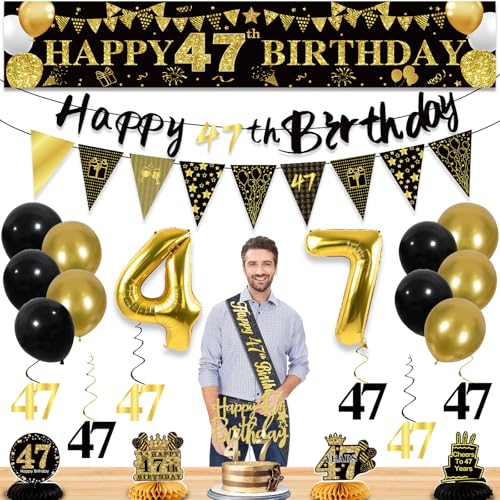 Image of 47th Birthday Decorations for Men, Black Gold 47th Party Decoration Kits | 27pcs Happy 47th Birthday Set, Banner, Honeycomb, Balloons, Gold Number, Candle, Hanging Swirls, Cake Topper, Party Supplies